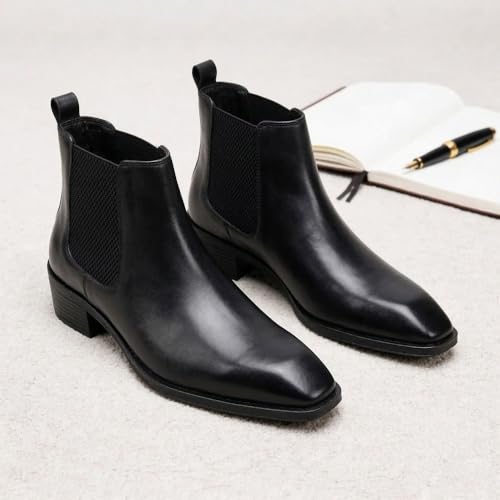Image of Hayes London Chelsea Boots for Man | Crust Leather Black Ankle Boots | Cuban Heel Pointed Toe Stylish Formal & Casual Boots for Men | Slip-On Elastic Side Panel