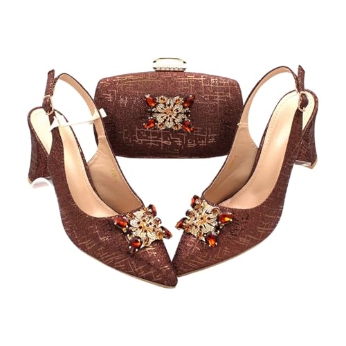 Women Shoes and Bag Set Pointed Toe Shoes Matching Bag Set for Nigerian Ladies Wedding Party Coffee