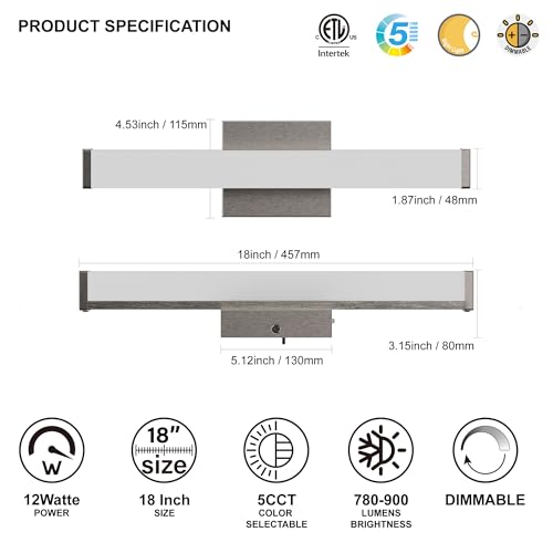 Image of 18 Inch Bathroom Vanity Light Fixtures with Night Light: Long Square Wall Mounted LED Lighting Bar Over Mirror with 5CCT & 2200K Color Changing, 120V, 780-900lm, ETL, Brushed Nickel, 2 Packs
