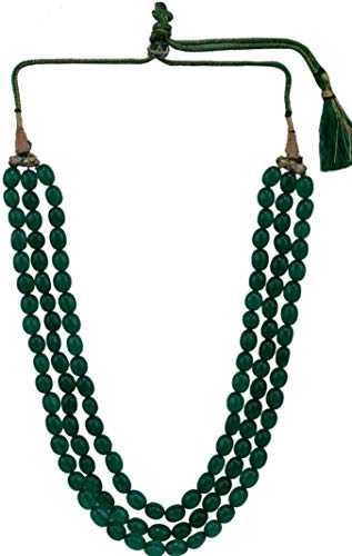 MANBHAR GEMS - Emerald Green Onyx Smooth 3 Strand Necklace Oval Shape Beads, Women's and Girl's 3 Layer Fashion Ethnic Strand Green Mala Bridal Kantha Fashion Jewellery