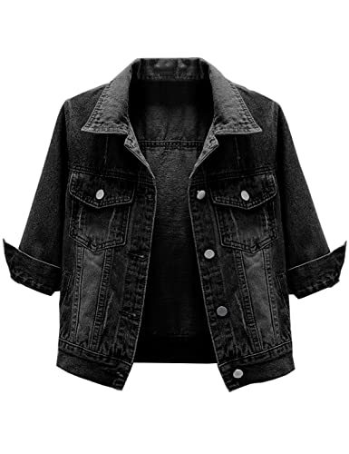 Locachy Womens 3/4 Sleeve Short Denim Jacket Lapel Button Down Cropped Trucker Jean Jackets Coats Black L