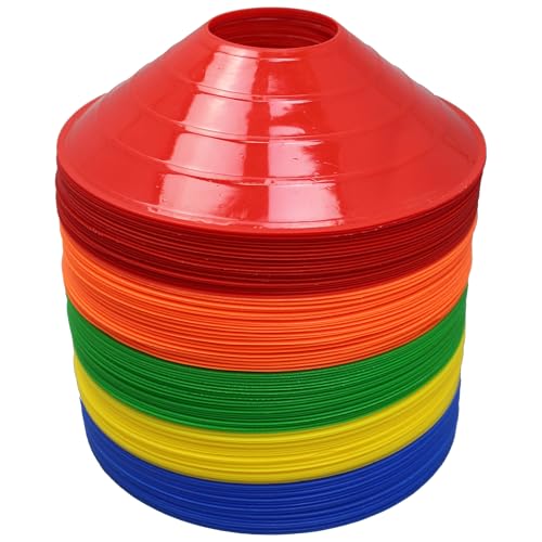BlueDot Trading High Visibility Disc Cones - 100-Pack Lightweight Plastic Sports Cones for Agility Training, Soccer, Football, Speed Drills, Field Markers for Adults & Kids, Multi-Colored