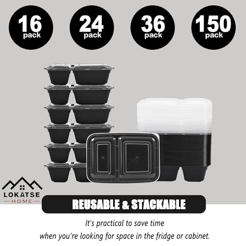Image of LOKATSE HOME Meal Prep Container Microwave Safe 150 Pack 2 Compartment with Lids, Stackable Bento Box, Food Storage Reusable, BPA Free, Freezer, Dishwasher Safe (32 oz)