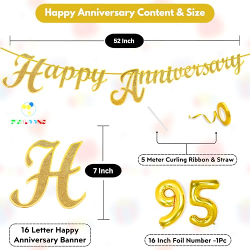 Image of Flyloons 95th Happy Anniversary Banner Gold Decorations Kit for Men Women Wedding Anniversary Banner Items without Balloons