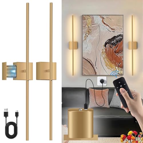 Linkenail USB Aufladbare Wandleuchte mit Fernbedienung, Dimmbare Touch Akku Wandleuchten Kabellose, LED Batterie Wandlampe Innen, 6000mAh 350° Drehbare 80CM, Nachtlicht Wand Leselampe, Gold, 2 Stück