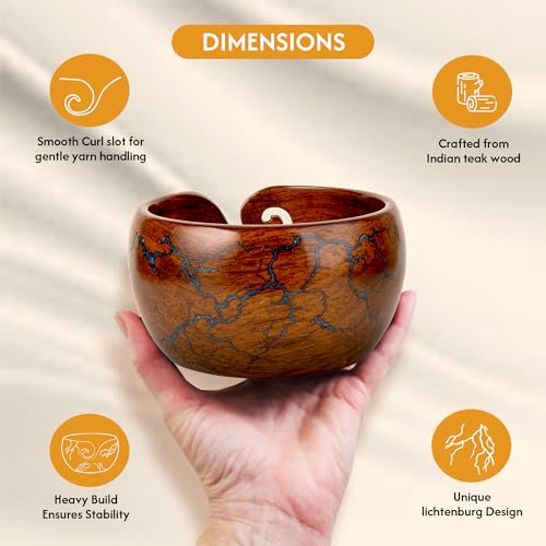Image of Wooden Yarn Bowl for Crocheting, 7x4 inch Large Rosewood Crochet Holder Gift Accessories and Knitting Gadgets Supplies Handcrafted with Fractal Wood Burning & Blue Resin Inlay ( Blue 7x4 )