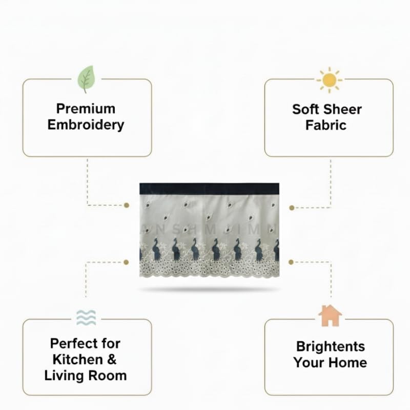 Image of Short Window Curtain for Kitchen, Living Room, Cafe, Restaurant & Home Decor | Elegant Half Window Valance | Length - 24 Inch, Width - 80 Inch (Grey Peacock, Large)