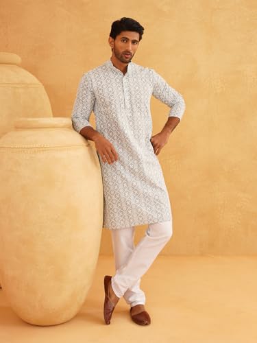 Image of SOJANYA (Since 1958 Men's Cotton Gold Sequence Embroidered Kurta with white Churidaar Pyjama
