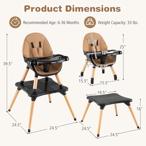 Image of BABY JOY 6 in 1 High Chair, Convertible High Chairs for Babies and Toddlers /Booster Seat /Table and Chair Set, Infant Wooden Highchair w / 5-Point Harness, 4-Position Removable Tray & PU Cushion, Coffee