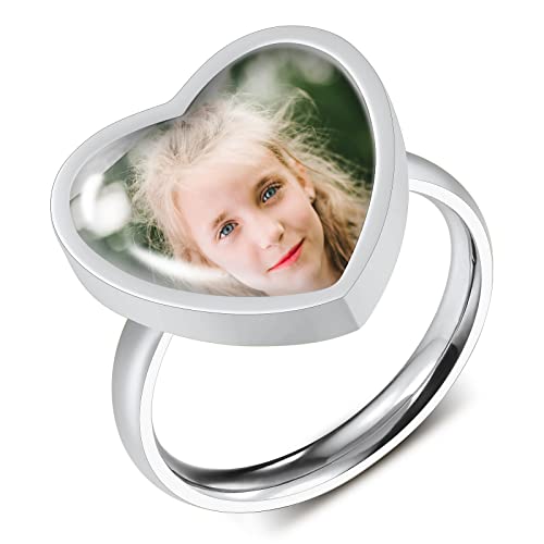 INBLUE Custom Ring for Women Personalized Photo Text Engraved Stainless Steel Signet Ring Best Friend Rings Sister Rings Women Ring Meaningful Gifts for Mom Daughter Picture Jewelry (Silver Size 8)