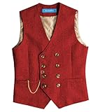SevenBoy Men's Tweed Dress Vest Double Breasted Wool Suit Vest Vintage Waistcoat For Wedding(Red,L)