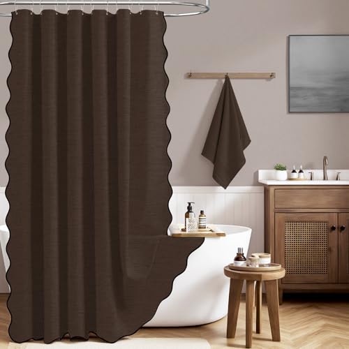 BTTN Brown Scalloped Shower Curtain Linen Textured Modern Cloth Shower Curtain Set with Plastic Hooks Neutral Elegant Decorative Waterproof Fabric Shower Curtains for Bathroom and Bathtub 72x72
