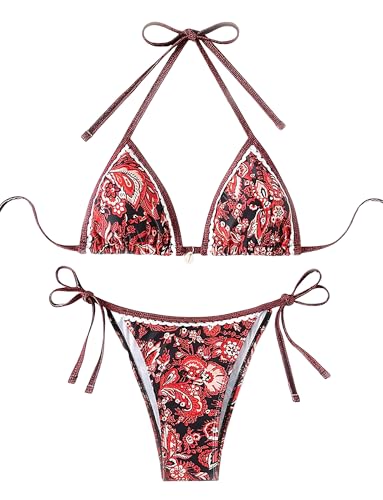 Happy Cherry Conjunto de bikini de 2 piezas para mujer, sexy, estampado con lazo, decoración de concha, traje de baño de cintura baja, rosso, S