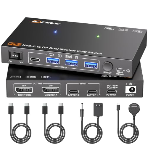 Image of USB C KVM Switch 2 Monitors 2 Laptops Dual 4K@60Hz External Display Output, MST USB-C Docking Dual Monitor KVM |10Gbps USB Transfer, 100W PD Charging, 2 USBC Cable(40Gbps) and Wired Remote Included