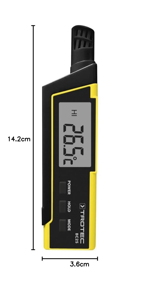 TROTEC Igrometro BC25 – Misuratore di umidità dell'aria e termometro – Campo di misura da -20 °C a +50 °C, indice di calore (HI), temperatura percepita (WBGT)