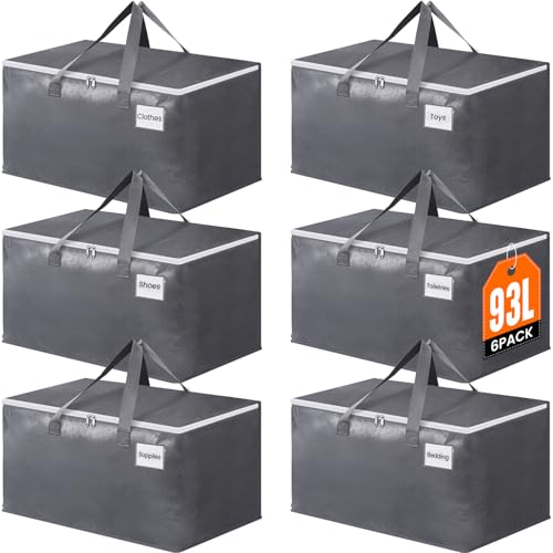 BlissTotes Large Moving Bags, Storage Bags with Zippers, Handles Moving Supplies with lids, Heavy Duty Totes for Storage Bags for Space Saving, Moving and Storing 93L, 6 Pack