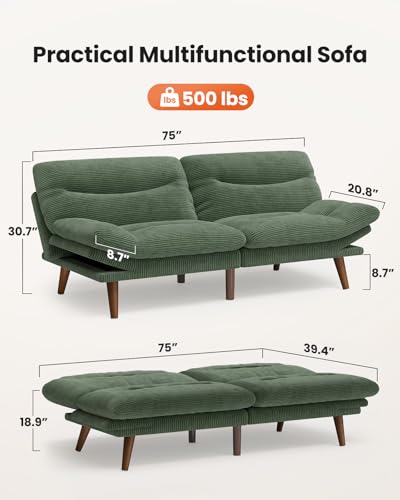 Image of Amada 75 inch Convertible Futon Sofa Bed, Corduroy Folding Futon Set with Adjustable Backrest &Armrests, Recliner Lounge for Living Room, Apartment or Office, Solid Wood Frame, Loveseat Sofa -Forest Green