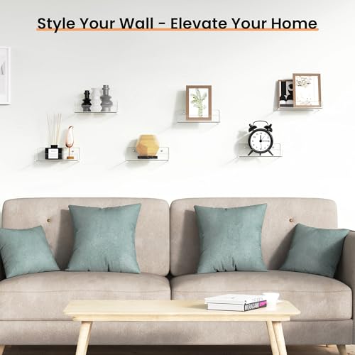 Image of upsimples 6 inch Acrylic Shelves, Small Shelf for Wall Decor and Display, 6 Pcs | Small Floating Shelf for Plants, Speaker, Toys, Invisible Wall Display for Bathroom, Bedroom, Living Room, Room Decor