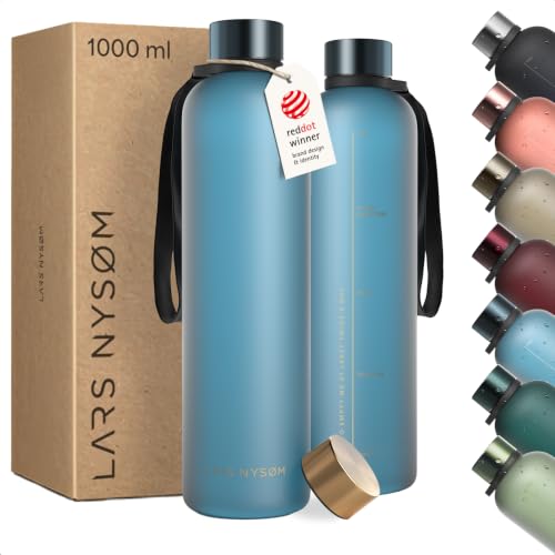 Image of LARS NYSOM Water Bottle 34oz | Drinking Bottle 1 Liter | Ultralight Tritan Sports Flask leak-proof | Ideal for sports, office, yoga | 2 lids included (Blue /Gold, 33.9oz)