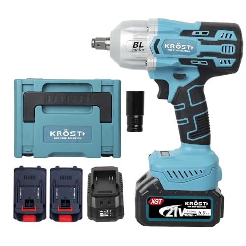 Image of Krost Pro Series 1000Nm Torque Cordless Impact Wrench 1 /2 inch, Brushless Motor 21V(37V Max) Double Li-Ion Batteries, Auto Stop Function, Forward /Reverse Rotation, Variable Speed (Cordless Kit) - Hex