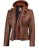 fjackets Veste en cuir véritable Lambksin pour femme avec capuche amovible, Helen Veste à capuche en cuir marron, Small