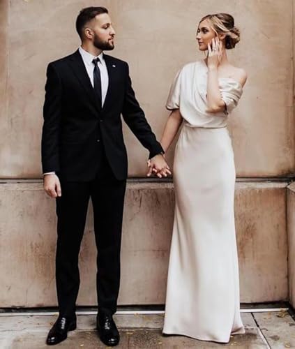 One Shoulder Satin Mother of The Bride Dress for Wedding Long Mermaid Half Sleeve Prom Formal3