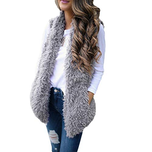 Women's Faux Fur Vest Warm Sleeveless Outwear with Pockets for Spring Fall and Winter Gray