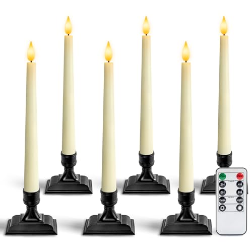 Image of Homemory Wax Window Candles with Remote Timer Dimmer, Battery Operated Candlesticks with Holders, Christmas LED Candlesticks for Window Home Part Decor, 6 Pcs Ivory