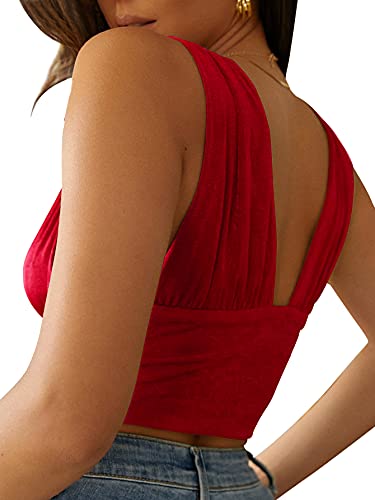 Lyaner Women's Sexy Deep V Neck Slim Fitted Strap Crop Cami Tank Sleeveless Top Red Medium #TOP1