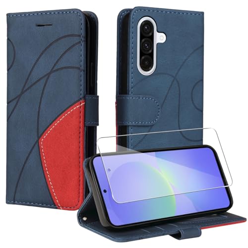Funda Compatible con Samsung Galaxy A36 5G con 1 Pieza Vidrio Templado Protector de Pantalla, Cuero PU y Flip Carcasa, Función de Soporte y Billetera Caso - Azul