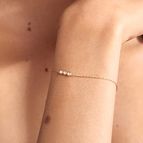 Diamond Three Stone Bracelet | 14K Yellow Gold Bezel Set Three Diamond Bracelet For Women | 14K Solid Gold Dainty Bracelets | Women's 14K Gold Jewelry | Gift For Birthday, Adjustable 6" To 7" #TOP2