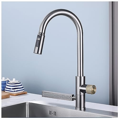 Robinet de cuisine avec douchette extractible cascade en acier inoxydable brossé