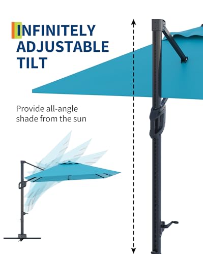Large Cantilever Patio Umbrella, 10' X 10' Heavy Duty Aluminum Cantilever Offset Outdoor Umbrella with 360-Degree Rotation for Backyard, Deck, Pool, Turquoise Blue