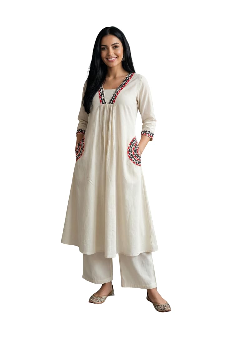 Women’s Orange A-Line Khadi Cotton Embroidered Kurta-image-27