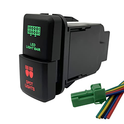 Image of Led Light Bar and Spot Lights Push Button Switch with Connector Red & Green Backlit Push Switch Replacement for Toyota FJ Cruiser 4Runner Tacoma 3Amp /12V (1.54'' X 0.83'')