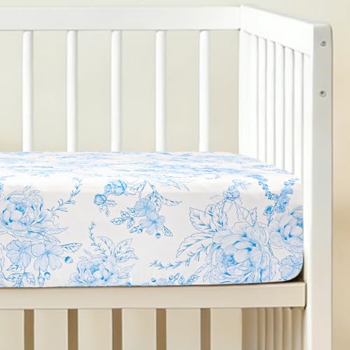 Image of DILIMI Fitted Crib Sheets for Baby Boys and Girls, Ultra-Soft Breathable Baby Crib Sheet Fits Standard Crib and Toddler Mattress, Blue Floral