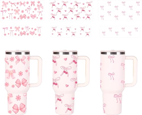 UV DTF Cup Sleeves - 3 Sets of Floral UV DTF Cup Sleeves for 40 oz Mugs, Bow UV DTF Set, Botanical Personalized Water Transfer Resistant, for Glasses and Wood Crafts (bow tie -f)