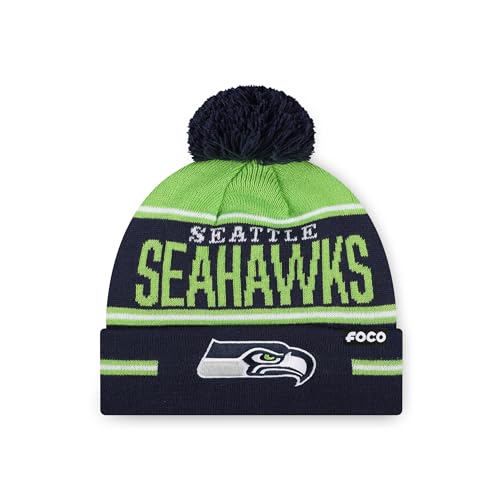FOCO Seattle Seahawks NFL Big Wordmark Stripe Pom Beanie