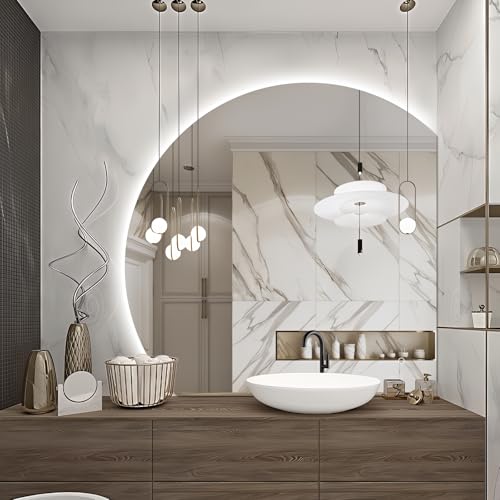 Niccy 36 LED Bathroom Mirror with Lights Half Moon Led Mirrors Irregular Backlit Mirrors for Entryway Anti-Fog Dimmable Makeup Mirror Explosion Proof Round Lighted Vanity Mirrors White Light