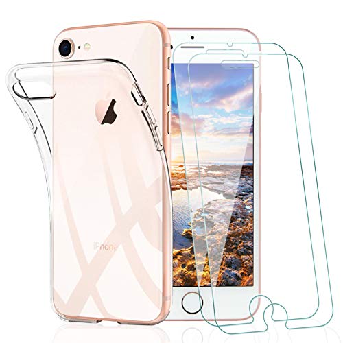 KEEPXYZ Funda para iPhone 7 / iPhone 8 + 2 Pcs Protector de Pantalla para iPhone 7 / iPhone 8 Cristal Templado, Flexible Suave Silicona Transparente TPU Carcasa + Vidrio Templado para iPhone 7 8