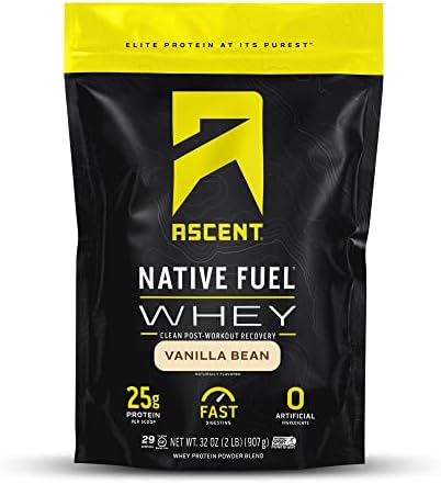 Ascent 100% Whey Protein Powder - Post Workout Whey Protein Isolate, Zero Artificial Ingredients, Soy & Gluten Free, 5.7g BCAA, 2.7g Leucine, Essential Amino Acids, Vanilla Bean 2 lb