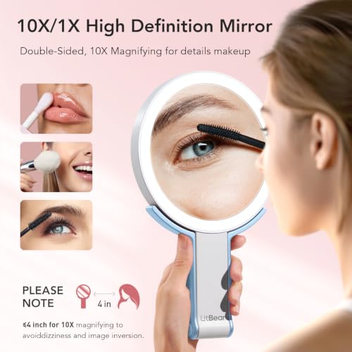 Image of LitBear Travel Makeup Mirror with Lights, Rechargeable Double-Sided 10X /1X Magnifying Mirror, Portable Lighted Beauty Mirrors, 3 Color Lighting, Dimmable Touch Screen, Tabletop Handhold Hanging (Blue)