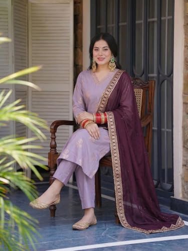Image of GoSriKi Kurta Set Women Viscose Printed | Kurti Set Woman | Kurta Pant Dupatta 3 Piece Outfit | V-Neck 3 /4 Sleeve Straight Fit Ethnic Wear Ladies Dress Stylish Traditional Clothing