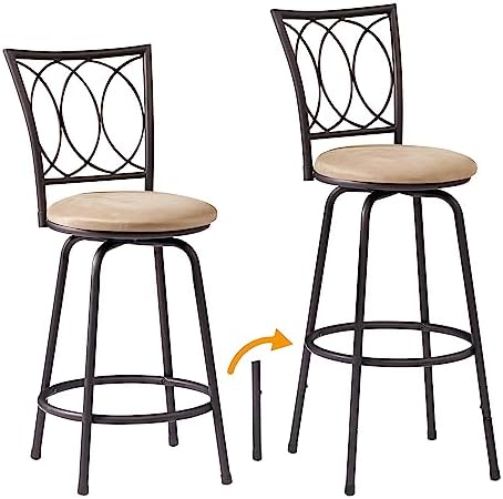 VECELO Barstools, Adjustable Counter Stools, Steel Bistro Pub Chairs, Bar Stools with 360 Degree Swivel Seat Top and Comfortable Round Seat Cushions,Curved Pattern Backrest,Set of 2