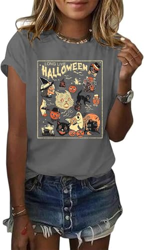 Womens Long Live Halloween T Shirt Fall Halloween Doodles Graphic Tee Holiday Vintage Ghost Fall Tops(XXL,Grey06)