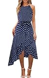 ECOWISH Polka Dot Women Summer Dresses Casual Midi A Line Ruffle High Low Sleeveless Boho Floral Halterneck Cocktail Sundress Navy Blue Medium