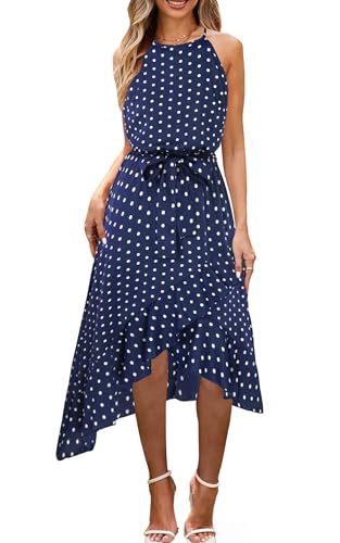 Image of ECOWISH Polka Dot Women Summer Dresses Casual Midi A Line Ruffle High Low Sleeveless Boho Floral Halterneck Cocktail Sundress