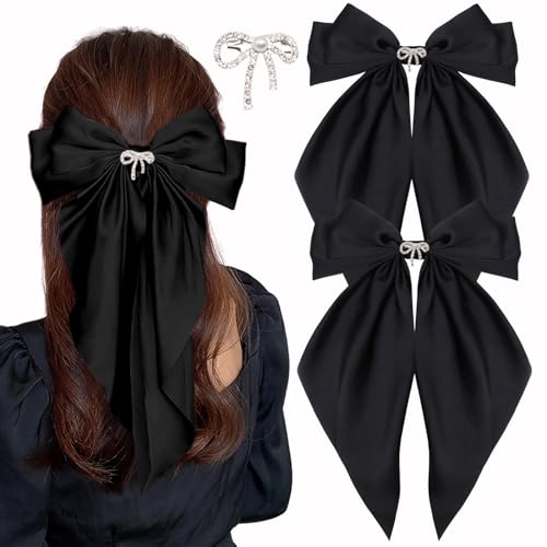 Big Bow Hair Clips for Women And Girls, Cute Silky Satin Bows Barrettes Hair Accessories Oversized Long Tail Ribbons Metal Hairpin 2pcs (black+black)