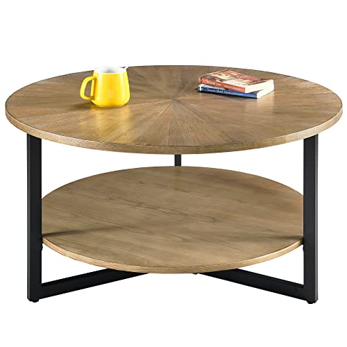 PADMA HOUSE Table Basse Bois, Table Basse Ronde pour Salon 85 cm, Tables Basses Circulaire à 2 Niveaux avec Rangement, Cadre en Métal (Nature Rustique)