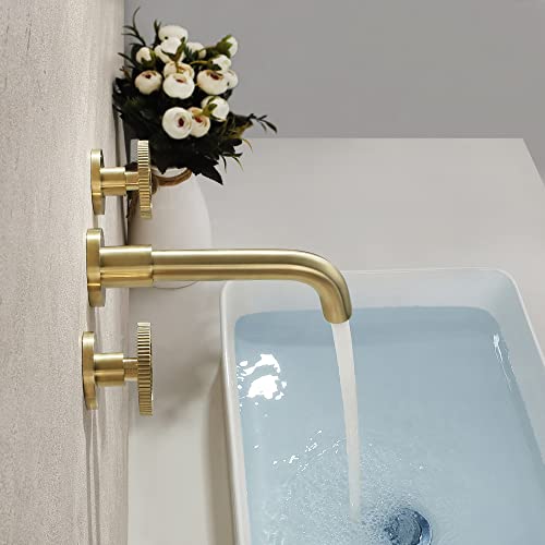 Skowll Wall Mount Bathroom Faucet Dual Handle Industrial Sink Mixer Faucet With 360° Swivel Spout And Rough In Valve Included, Brushed Gold #TOP2
